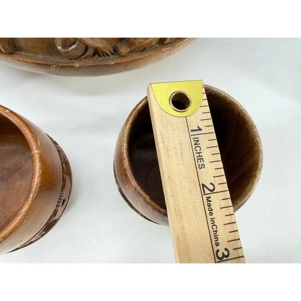 Vintage Hand Carved Wood Punch Bowl Set 6 Goblets Tiki Village 3 lb